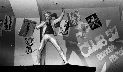Rock artist dancing on stage, BW vintage photo by Robert Carrithers