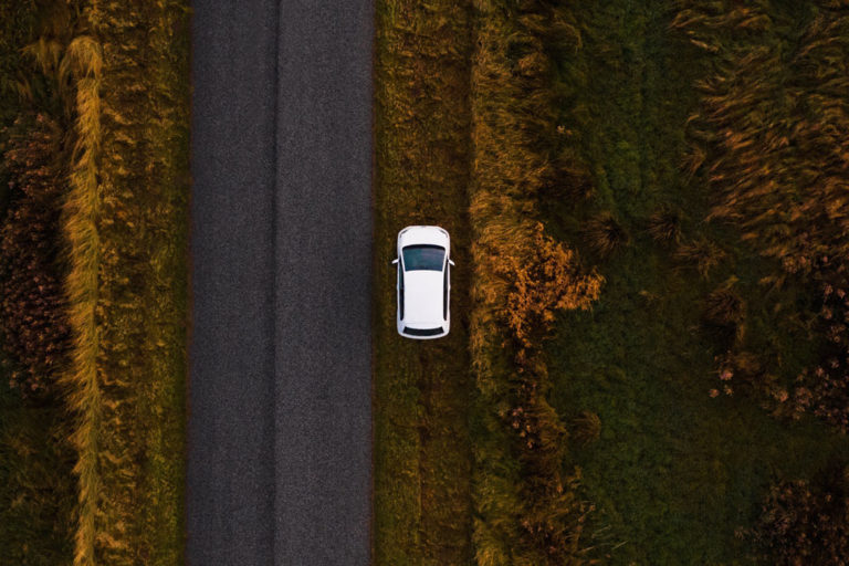 white car, aerial view
