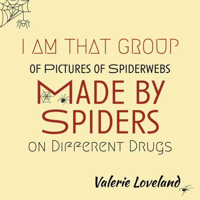 I AM THAT GROUP OF PICTURES OF SPIDERWEBS MADE BY SPIDERS ON DIFFERENT DRUGS by Valerie Loveland